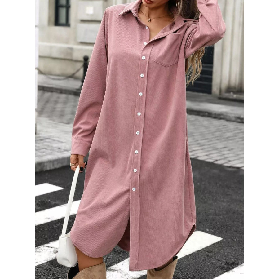 Corduroy Shirt Dress with Button-Down Front Dusty Pink / S Apparel and Accessories