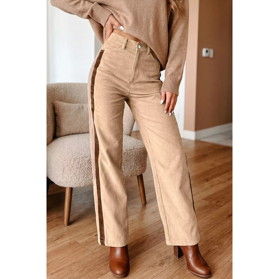 Corduroy Side Panel Colorblock Straight Leg Pants Apparel and Accessories