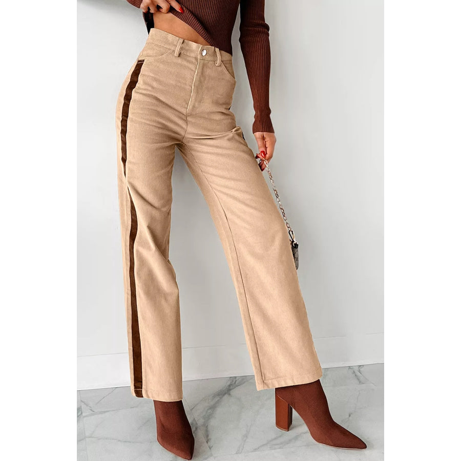 Corduroy Side Panel Colorblock Straight Leg Pants Tan / S Apparel and Accessories