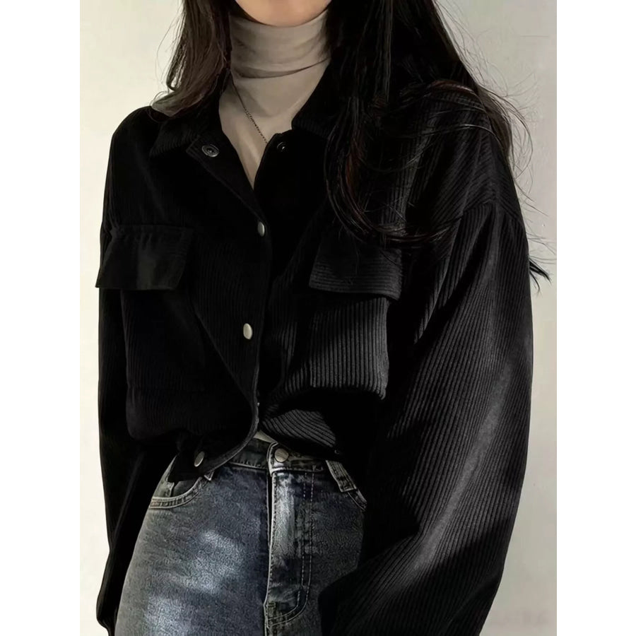 Corduroy Snap Down Cropped Jacket Black / S Apparel and Accessories