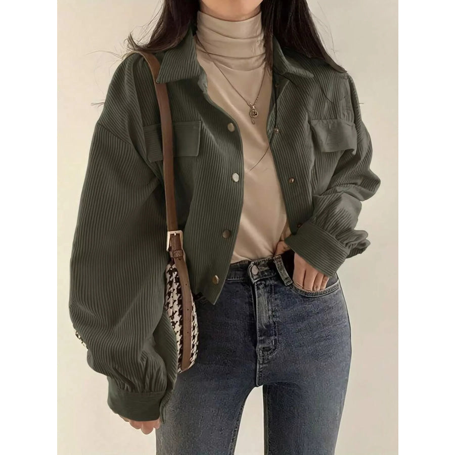 Corduroy Snap Down Cropped Jacket Army Green / S Apparel and Accessories