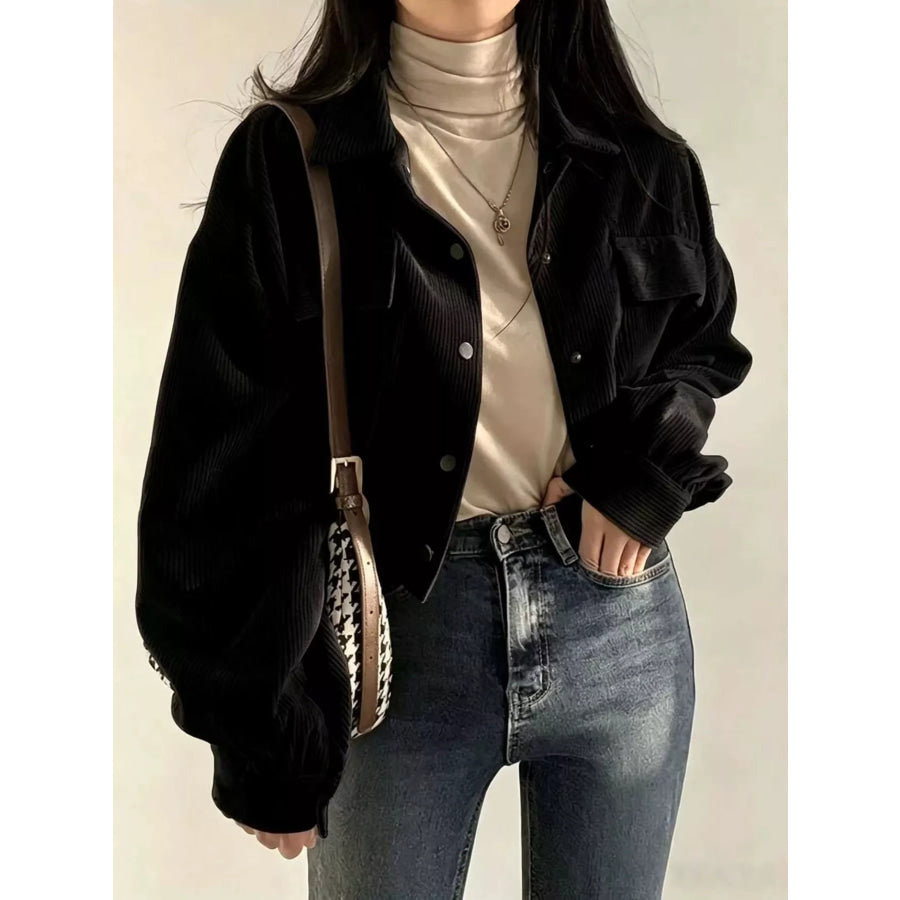 Corduroy Snap Down Cropped Jacket Black / S Apparel and Accessories