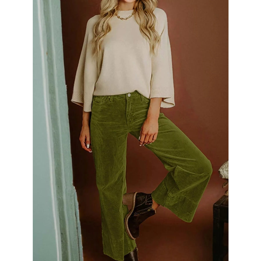 Corduroy Solid Color High Waist Wide Leg Pants Apparel and Accessories