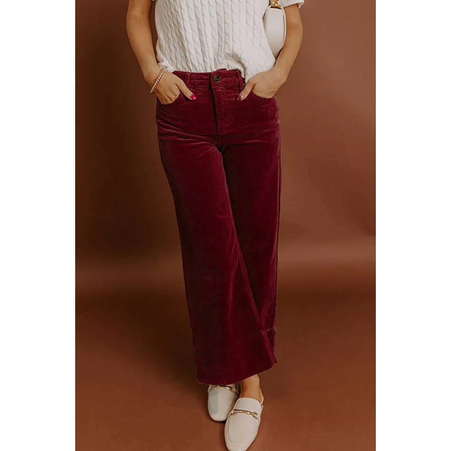 Corduroy Solid Color High Waist Wide Leg Pants Apparel and Accessories