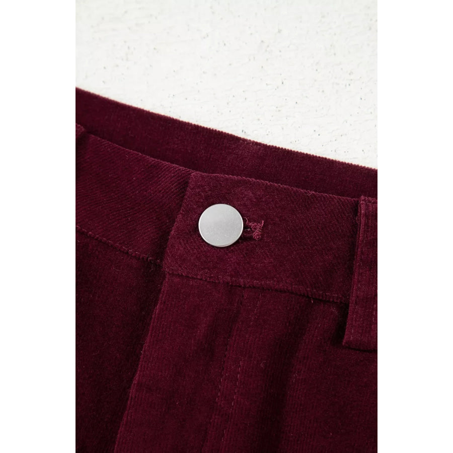 Corduroy Solid Color High Waist Wide Leg Pants Burgundy / S Apparel and Accessories