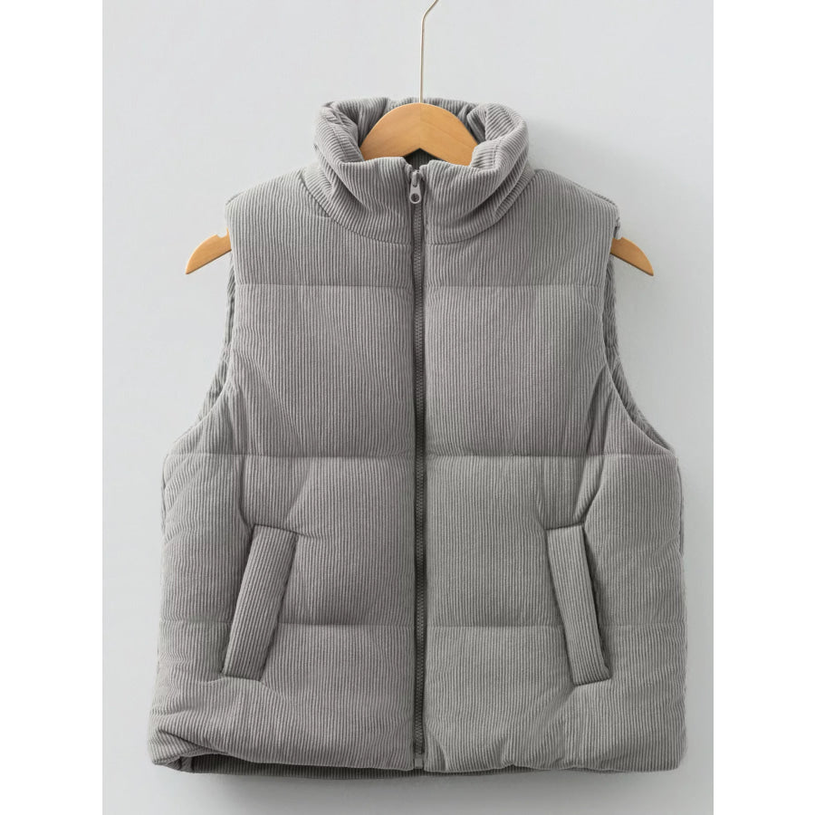 Corduroy Stand Neck Zipped Puffer Vest Apparel and Accessories