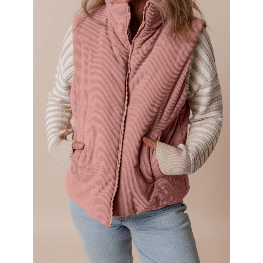 Corduroy Stand Neck Zipped Puffer Vest Apparel and Accessories