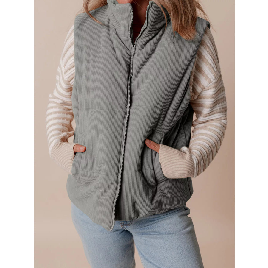Corduroy Stand Neck Zipped Puffer Vest Apparel and Accessories