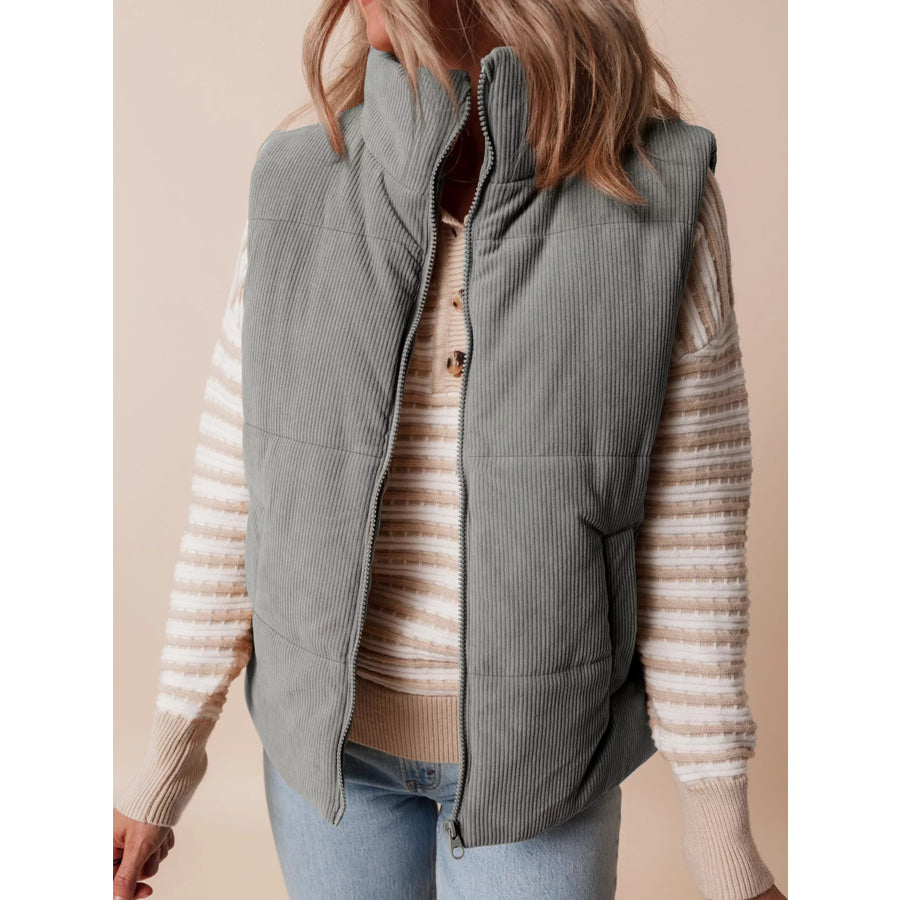 Corduroy Stand Neck Zipped Puffer Vest Apparel and Accessories