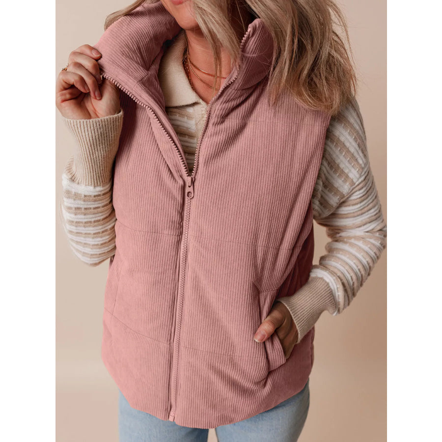 Corduroy Stand Neck Zipped Puffer Vest Apparel and Accessories