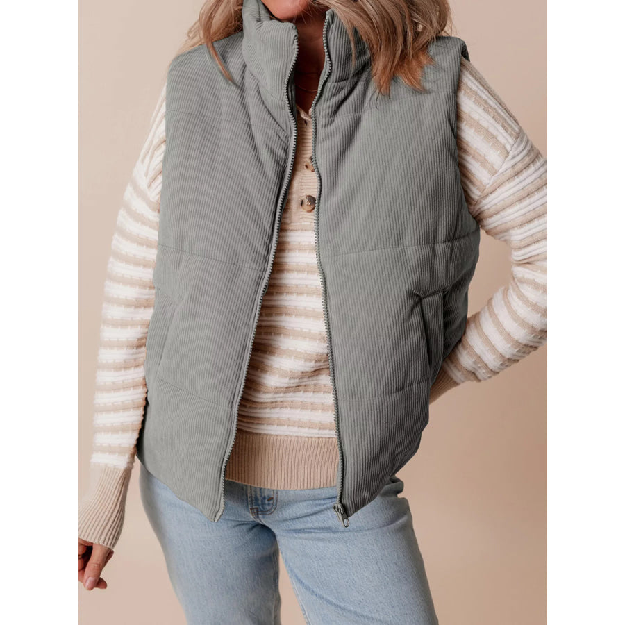 Corduroy Stand Neck Zipped Puffer Vest Apparel and Accessories