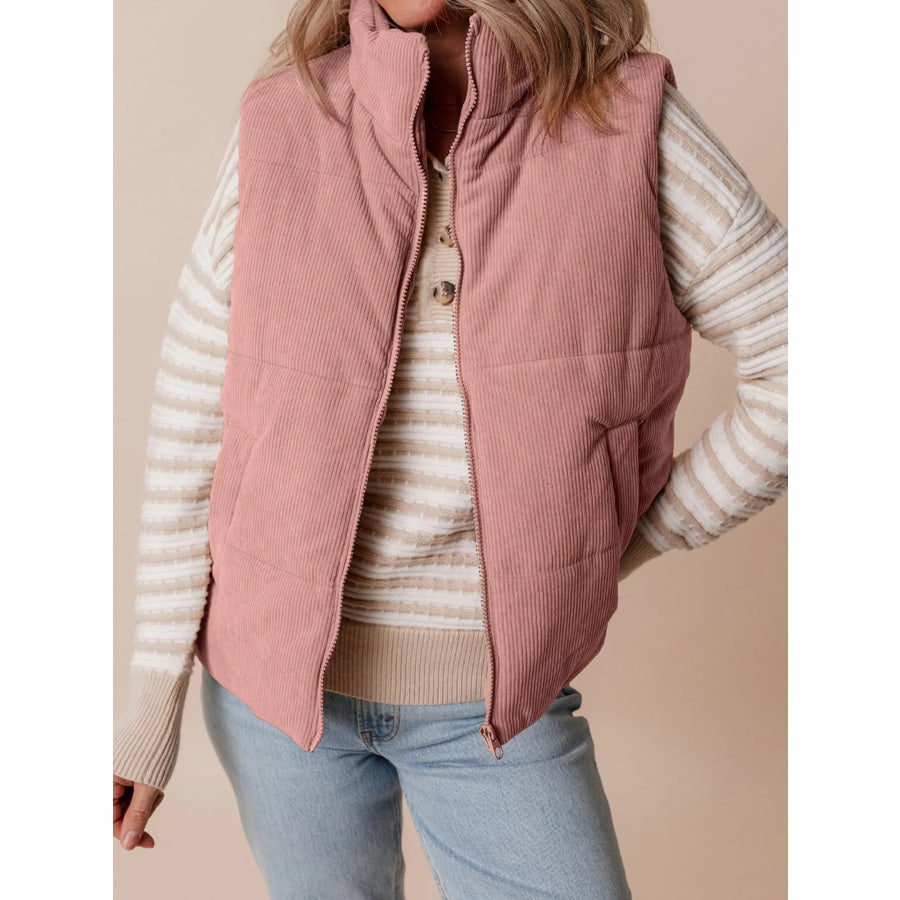 Corduroy Stand Neck Zipped Puffer Vest Dusty Pink / S Apparel and Accessories