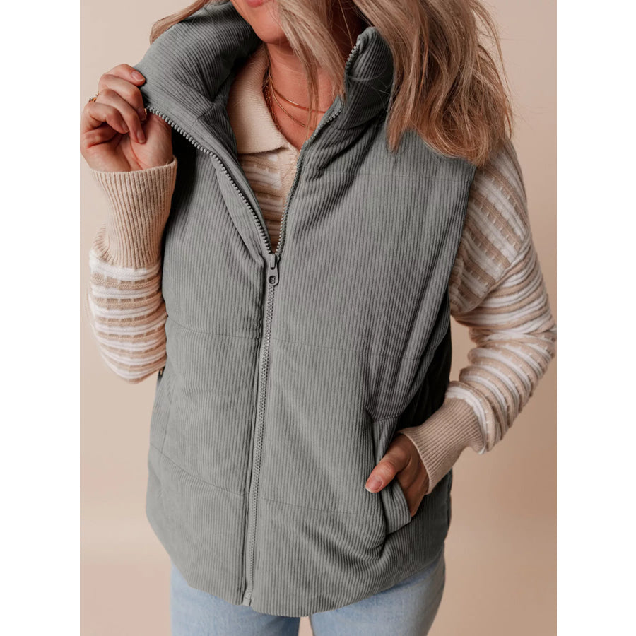 Corduroy Stand Neck Zipped Puffer Vest Gray / S Apparel and Accessories