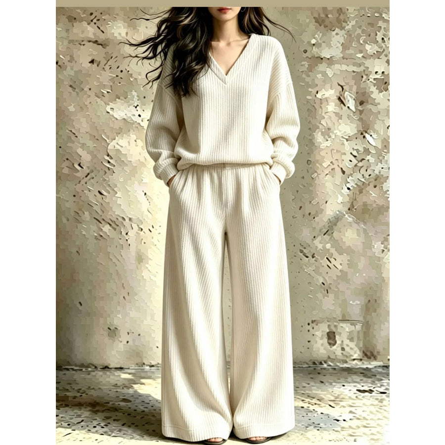 Corduroy V-Neck Top and Pants Set White / S Apparel Accessories