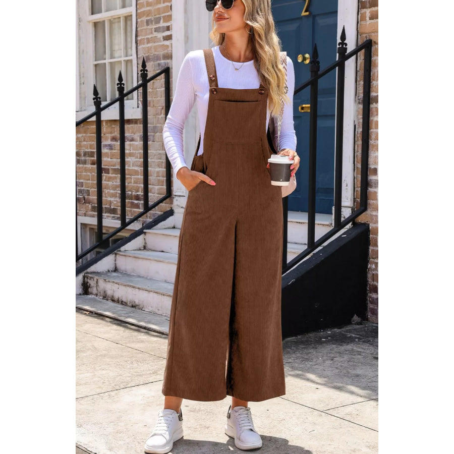 Corduroy Wide-Leg Overalls with Pockets Brown / S Apparel and Accessories
