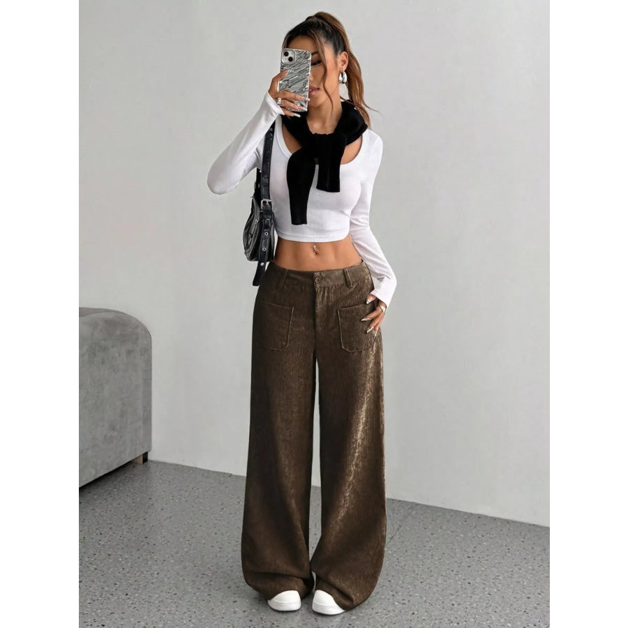 Corduroy Wide Leg Pants Brown / S Apparel and Accessories