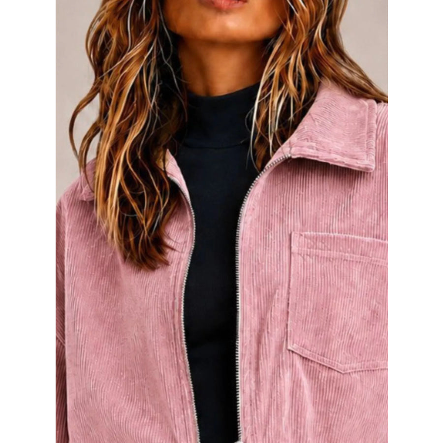 Corduroy Zip Up Cropped Jacket Dusty Pink / S Apparel and Accessories