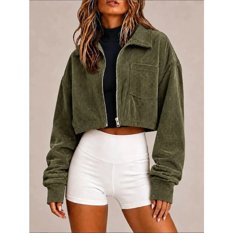 Corduroy Zip Up Cropped Jacket Army Green / S Apparel and Accessories