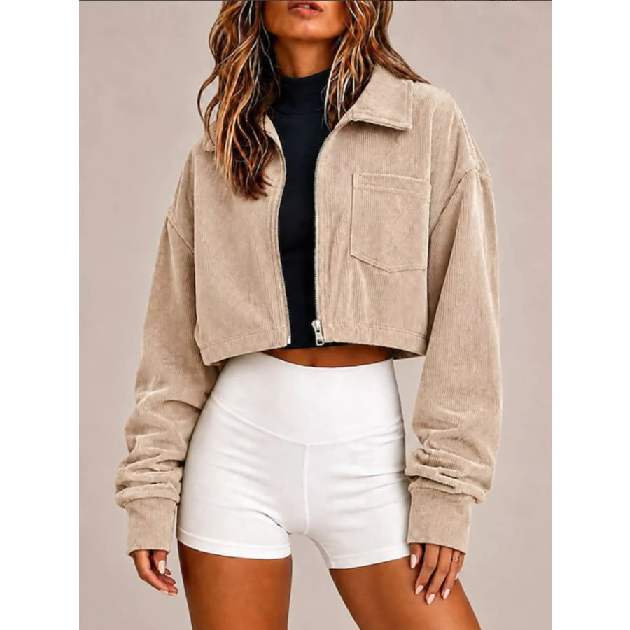 Corduroy Zip Up Cropped Jacket Beige / S Apparel and Accessories