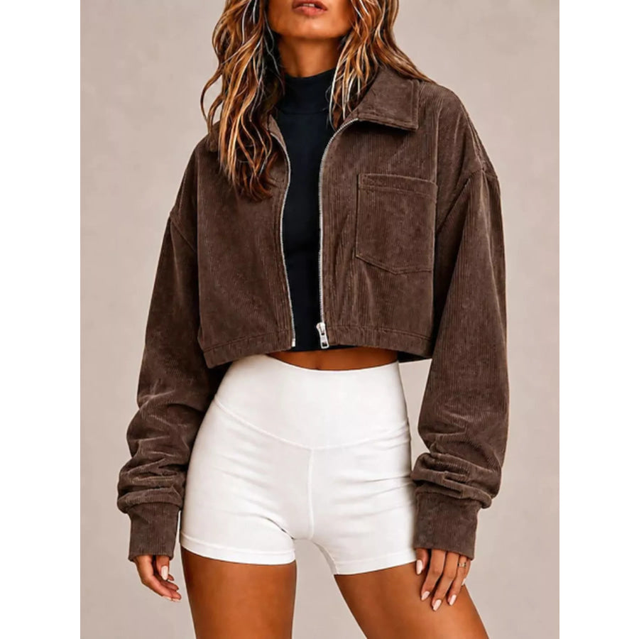 Corduroy Zip Up Cropped Jacket Coffee Brown / S Apparel and Accessories