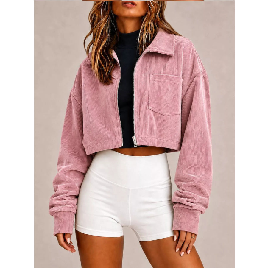 Corduroy Zip Up Cropped Jacket Dusty Pink / S Apparel and Accessories