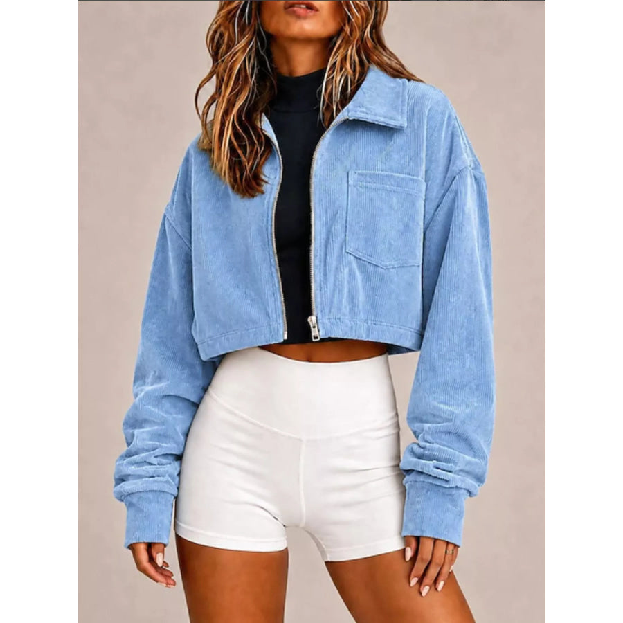 Corduroy Zip Up Cropped Jacket Sky Blue / S Apparel and Accessories