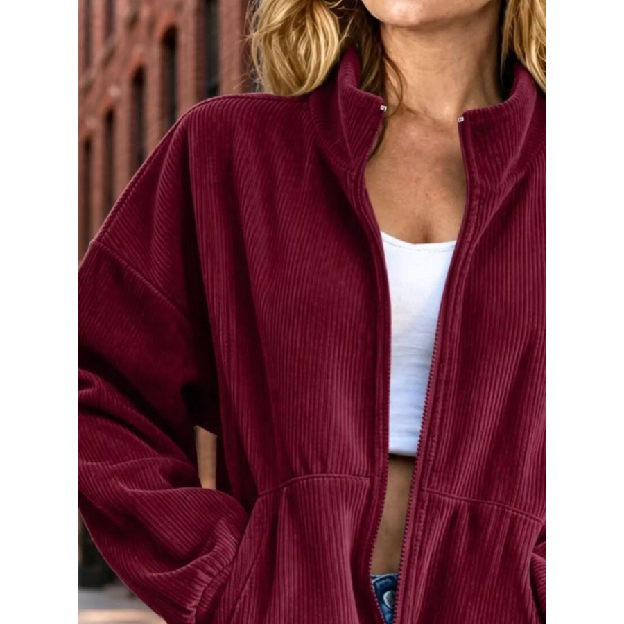 Corduroy Zip-Up Dropped Shoulder Jacket Apparel and Accessories