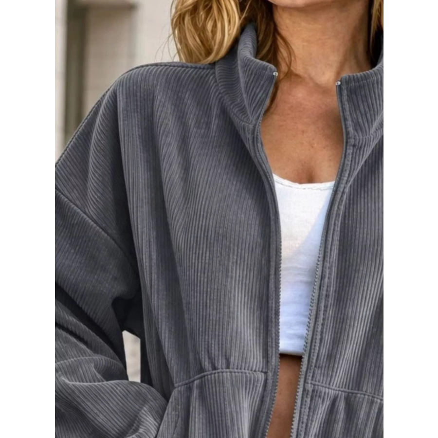 Corduroy Zip-Up Dropped Shoulder Jacket Apparel and Accessories
