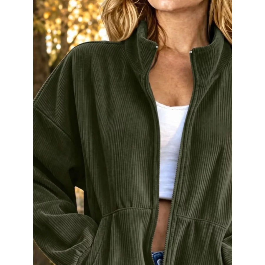 Corduroy Zip-Up Dropped Shoulder Jacket Apparel and Accessories