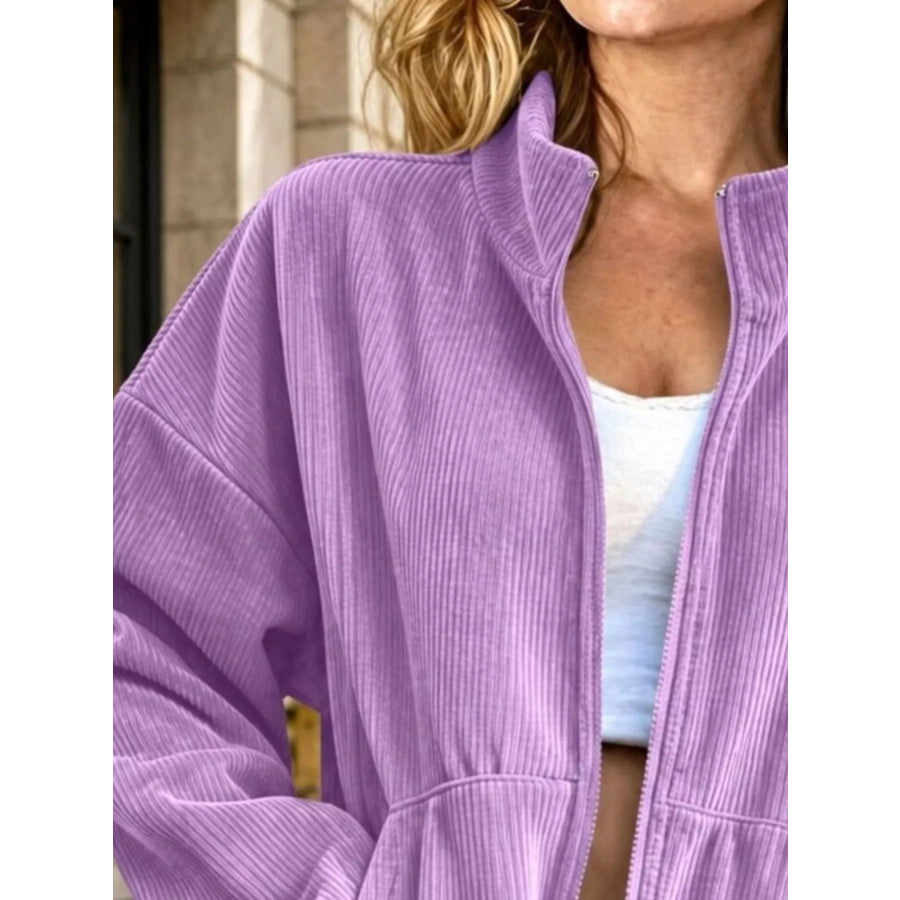 Corduroy Zip-Up Dropped Shoulder Jacket Apparel and Accessories