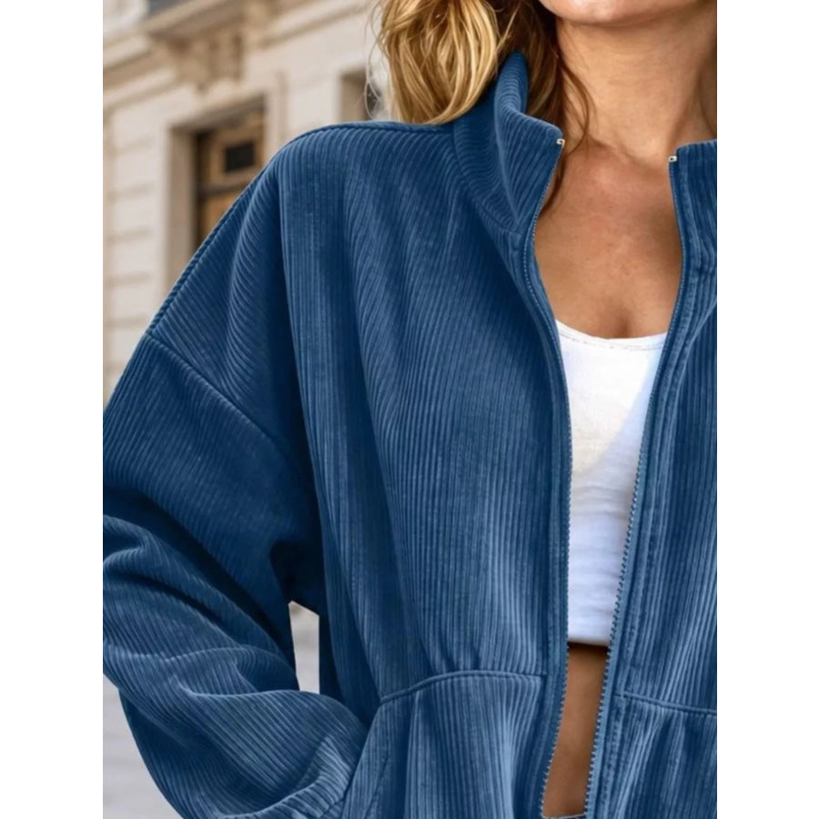 Corduroy Zip-Up Dropped Shoulder Jacket Apparel and Accessories