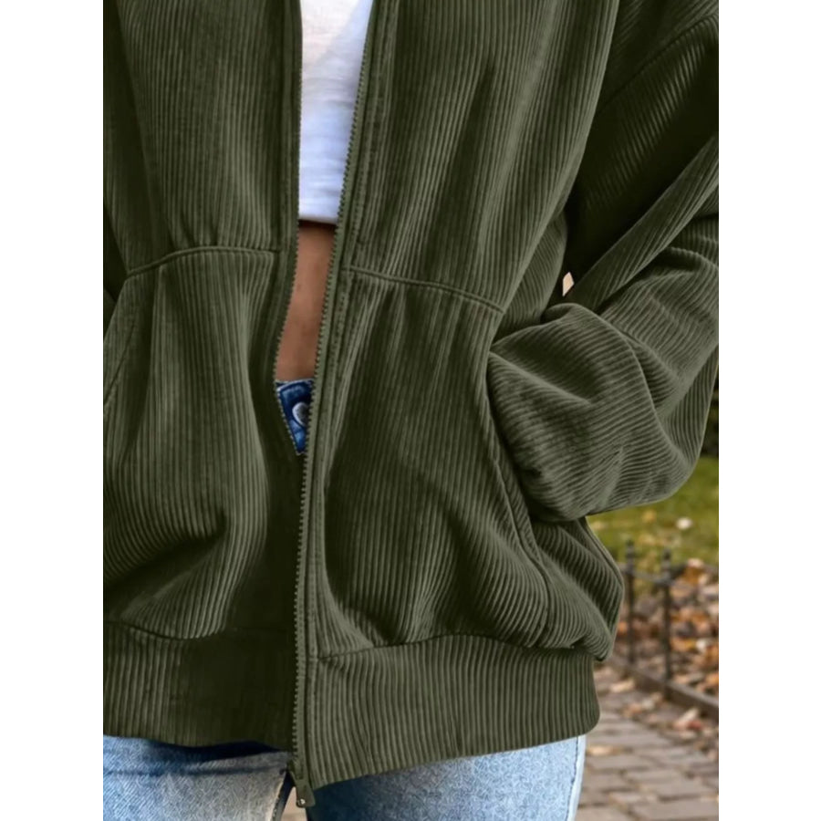 Corduroy Zip-Up Dropped Shoulder Jacket Apparel and Accessories