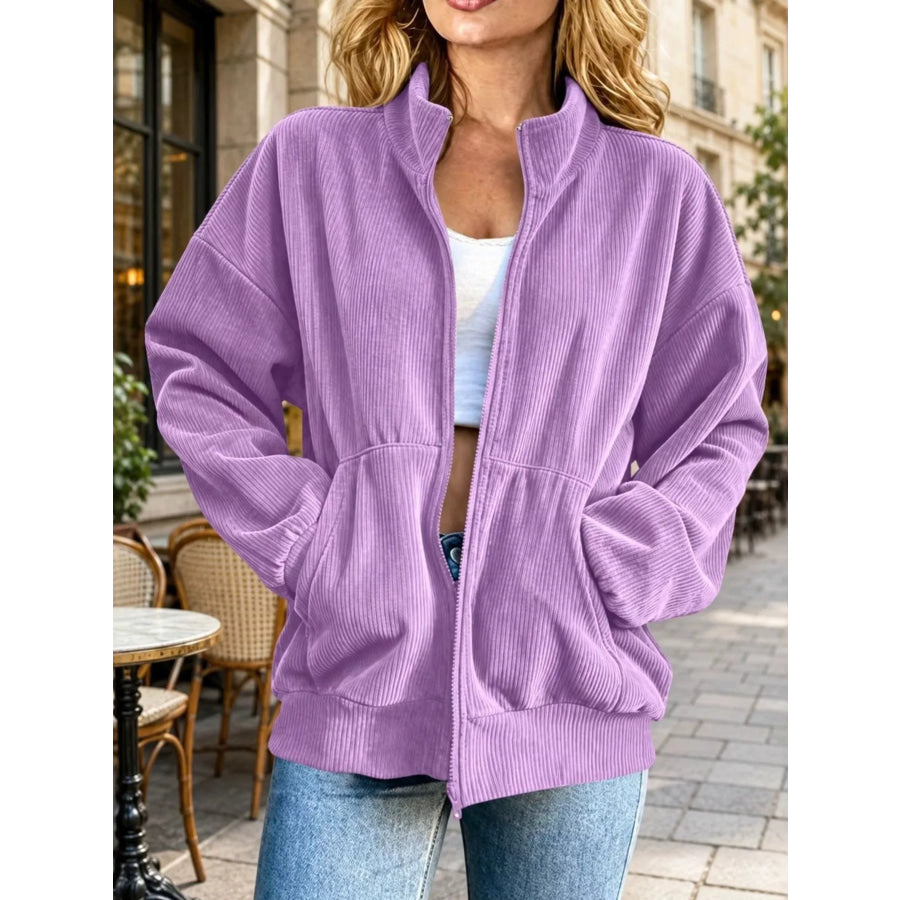 Corduroy Zip-Up Dropped Shoulder Jacket Purple / S Apparel and Accessories