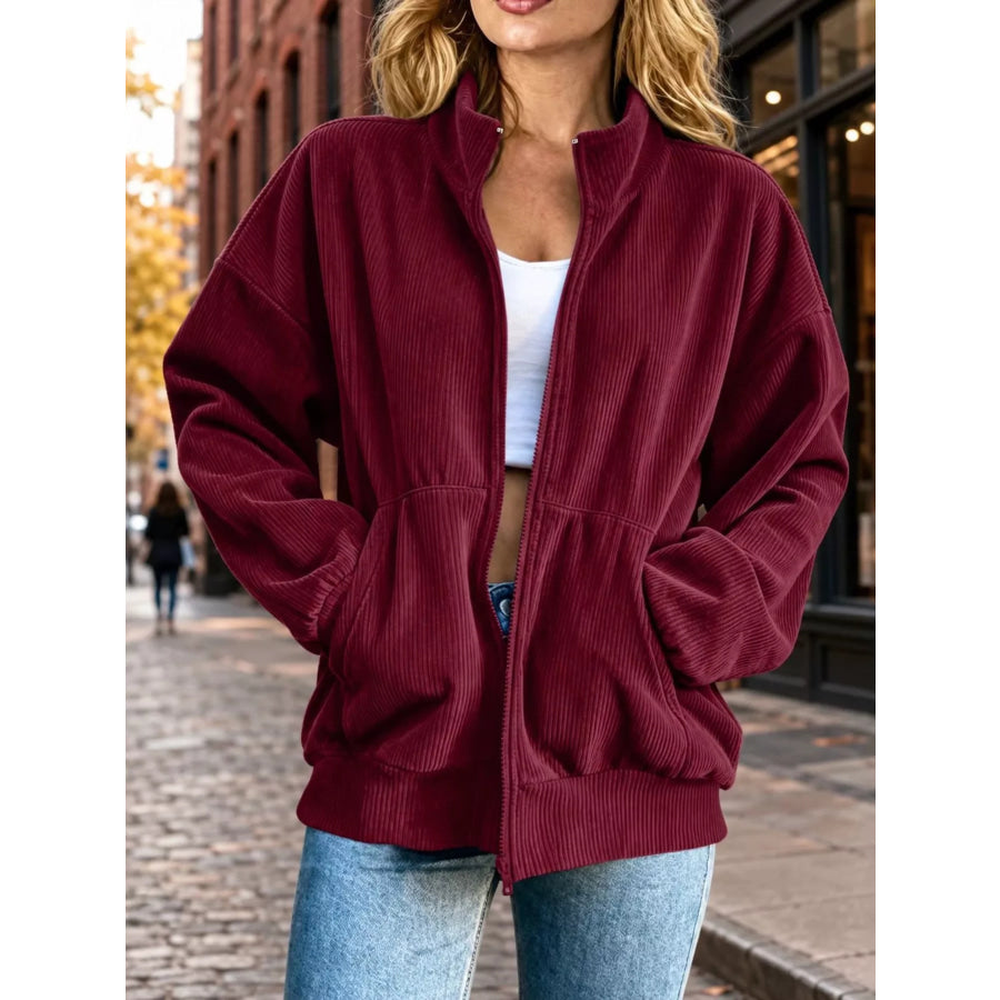 Corduroy Zip-Up Dropped Shoulder Jacket Red / S Apparel and Accessories