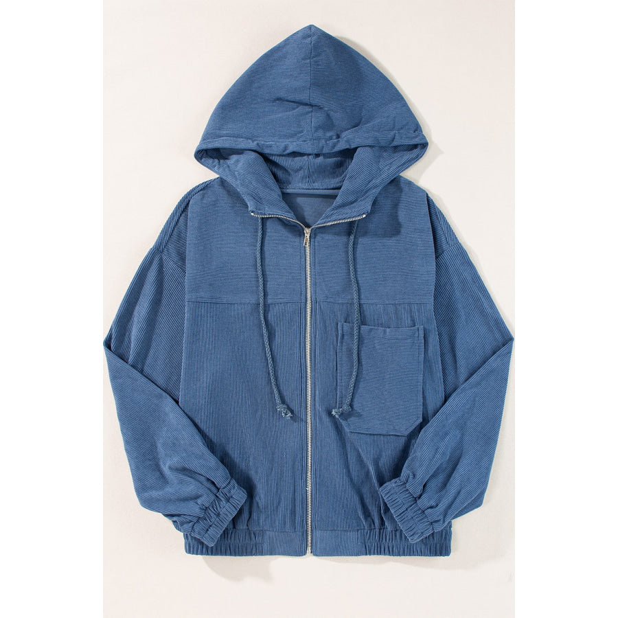 Corduroy Zip Up Long Sleeve Hooded Jacket French Blue / S Apparel and Accessories