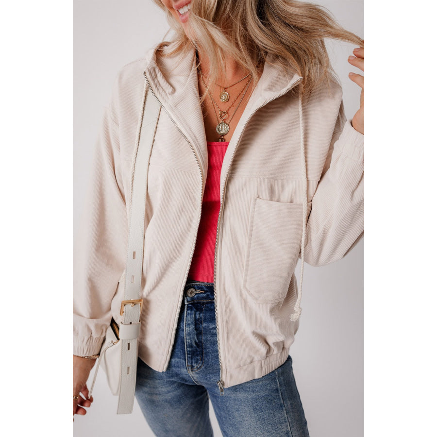 Corduroy Zip Up Long Sleeve Hooded Jacket Ivory / S Apparel and Accessories