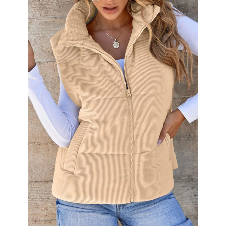 Corduroy Zip Up Vest Coat Apricot / S Apparel and Accessories
