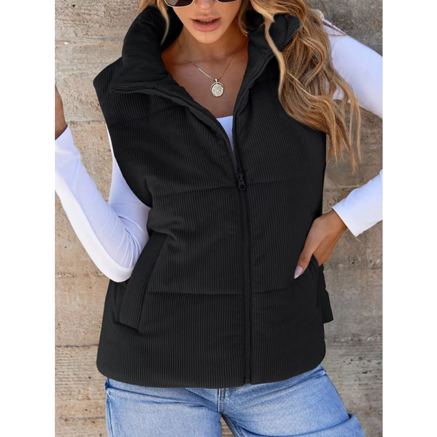 Corduroy Zip Up Vest Coat Black / S Apparel and Accessories