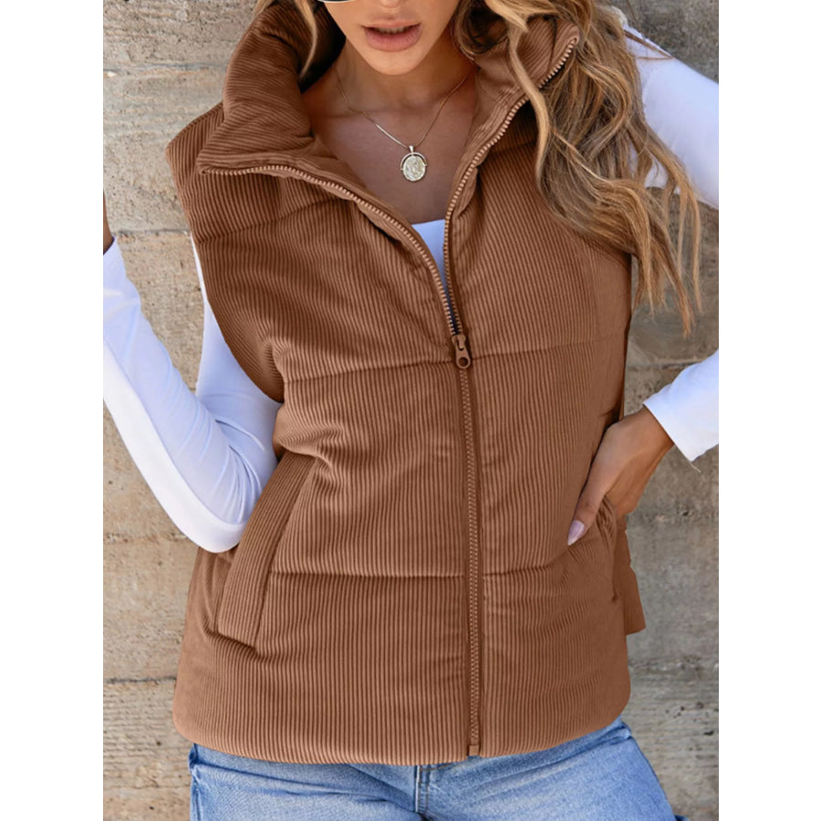 Corduroy Zip Up Vest Coat Dark Brown / S Apparel and Accessories