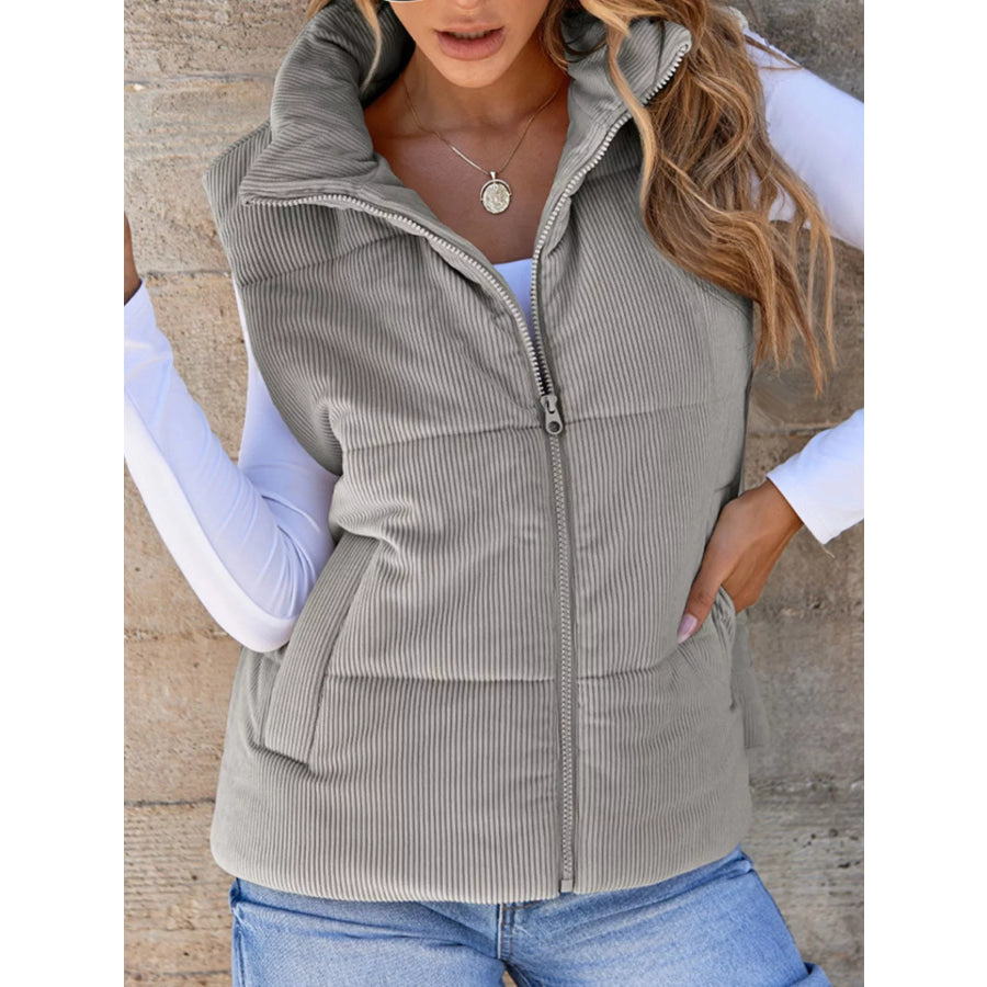 Corduroy Zip Up Vest Coat Gray / S Apparel and Accessories