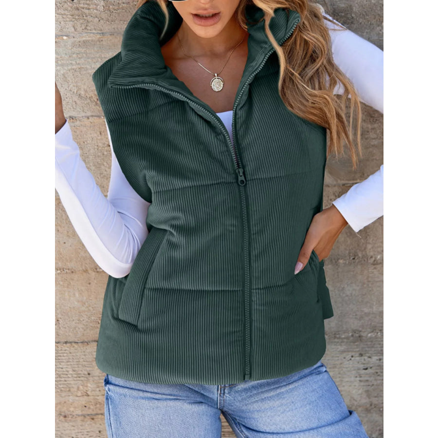 Corduroy Zip Up Vest Coat Green / S Apparel and Accessories