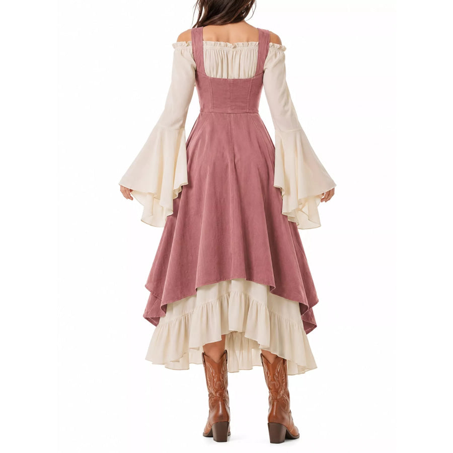 Corset Style Lace-Up Bell Sleeve Dress Rose Red / S Apparel and Accessories