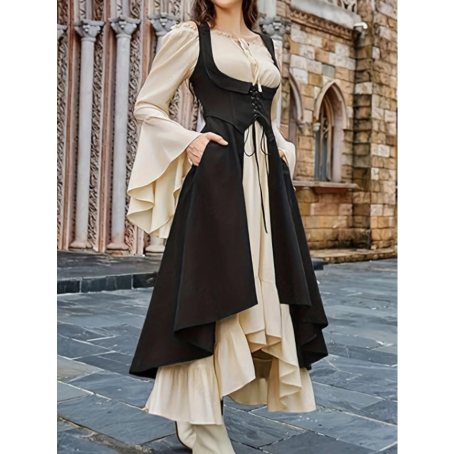 Corset Style Lace-Up Bell Sleeve Dress Black / S Apparel and Accessories