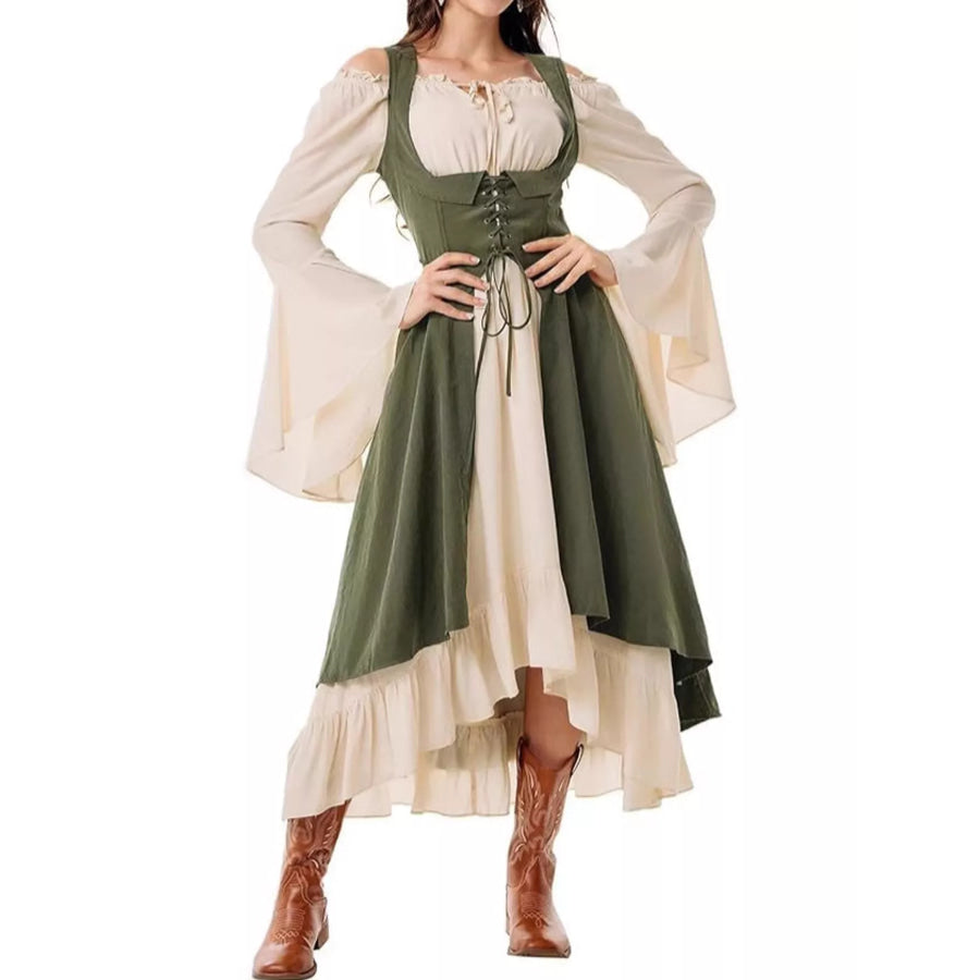 Corset Style Lace-Up Bell Sleeve Dress Green / S Apparel and Accessories