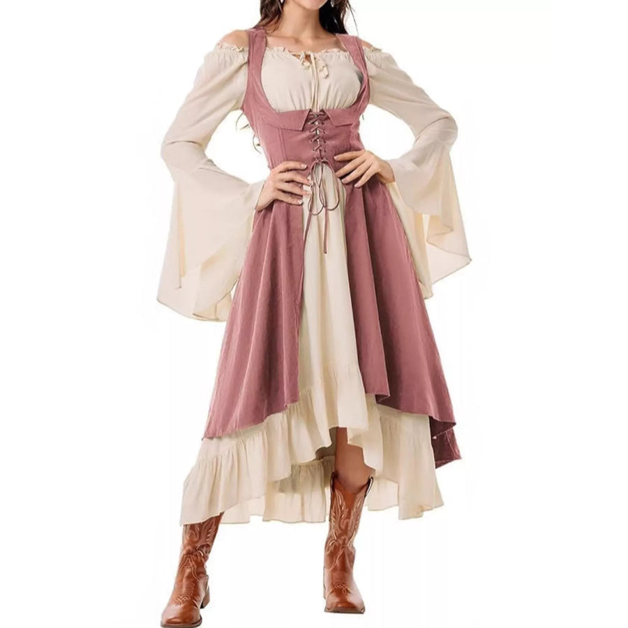 Corset Style Lace-Up Bell Sleeve Dress Rose Red / S Apparel and Accessories