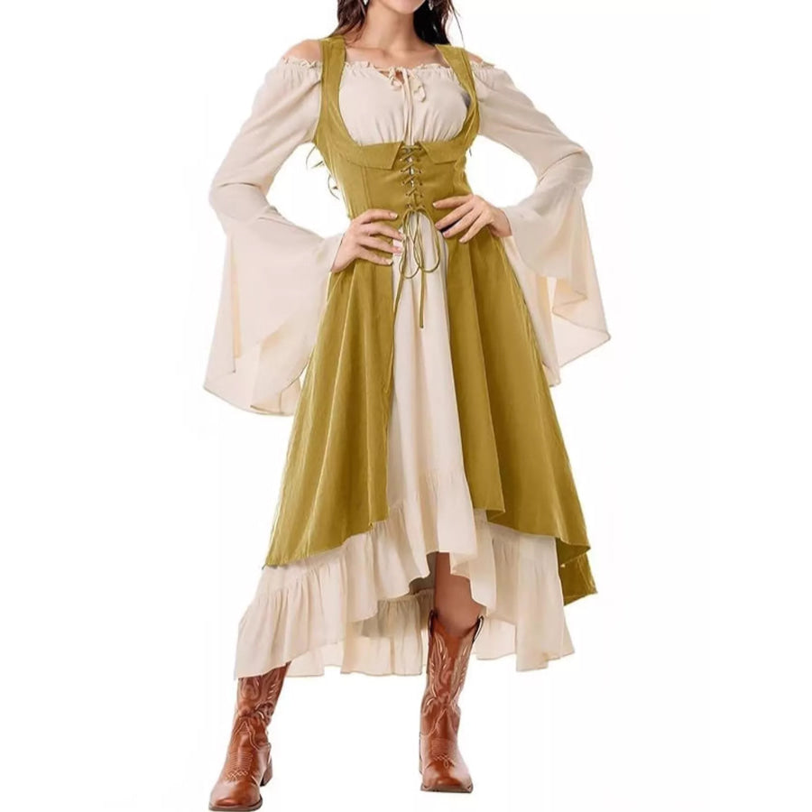 Corset Style Lace-Up Bell Sleeve Dress Yellow / S Apparel and Accessories