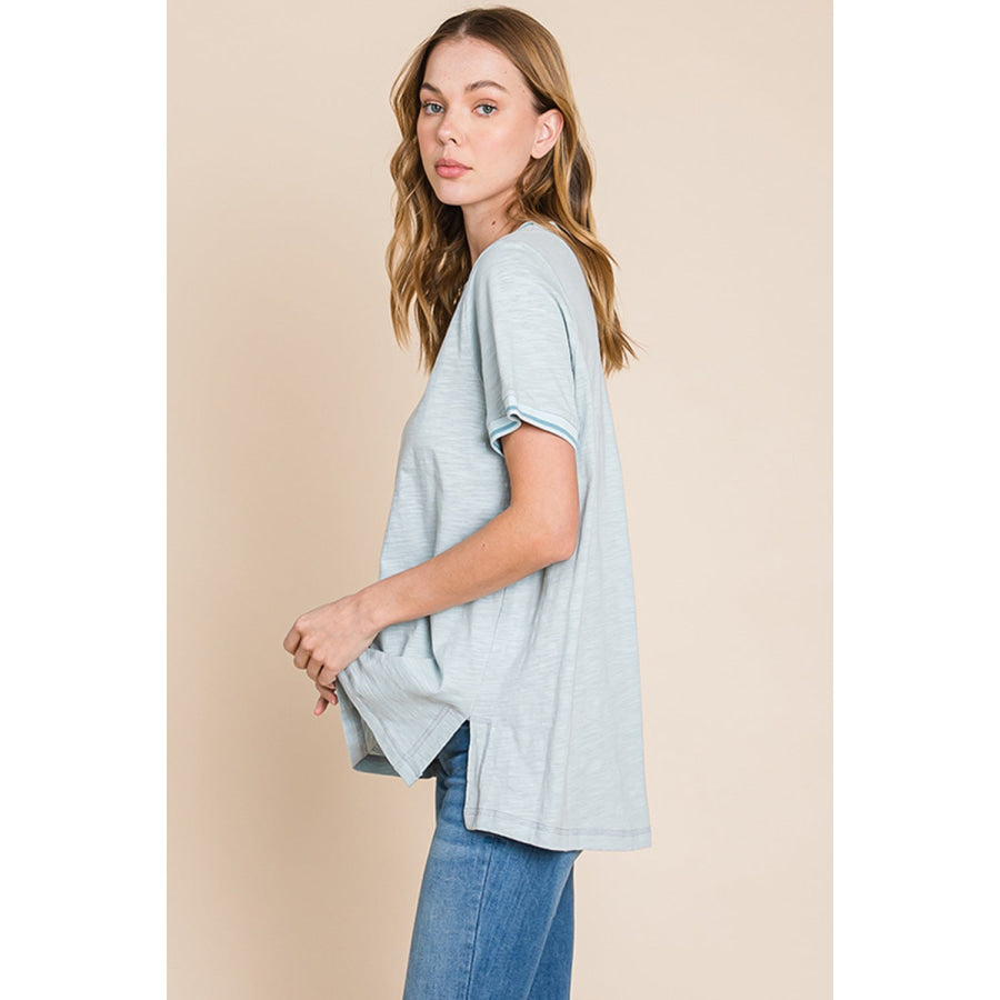 Cotton Bleu by Nu Lab Contrast Trim Short Sleeve Slit T-Shirt Apparel and Accessories