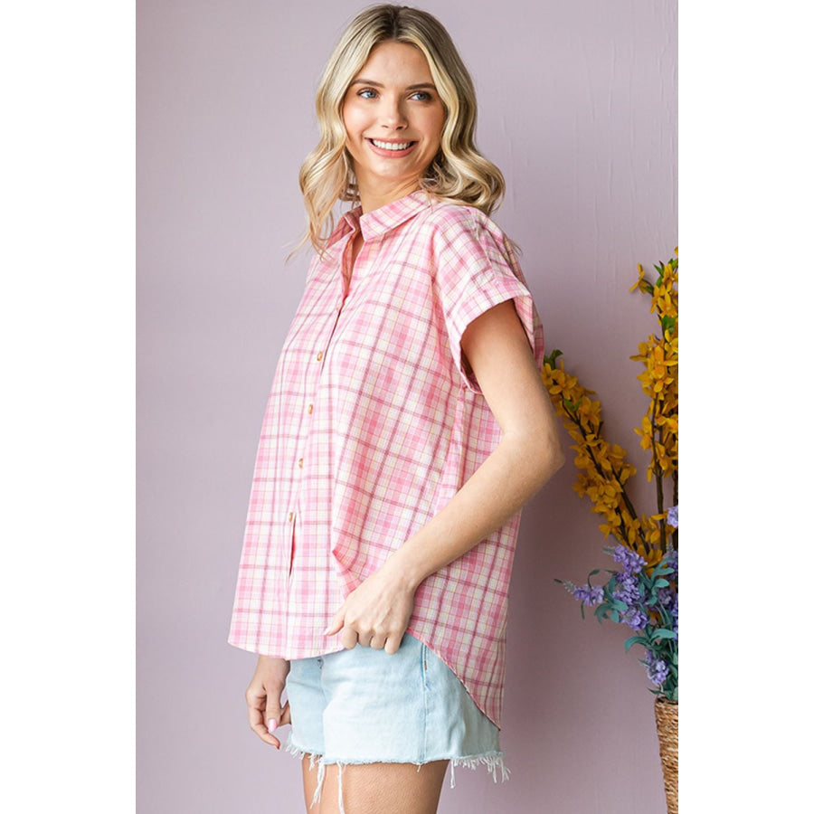 Cotton Bleu by Nu Lab Plaid Collared Neck Short Sleeve Shirt Pink / S Apparel and Accessories