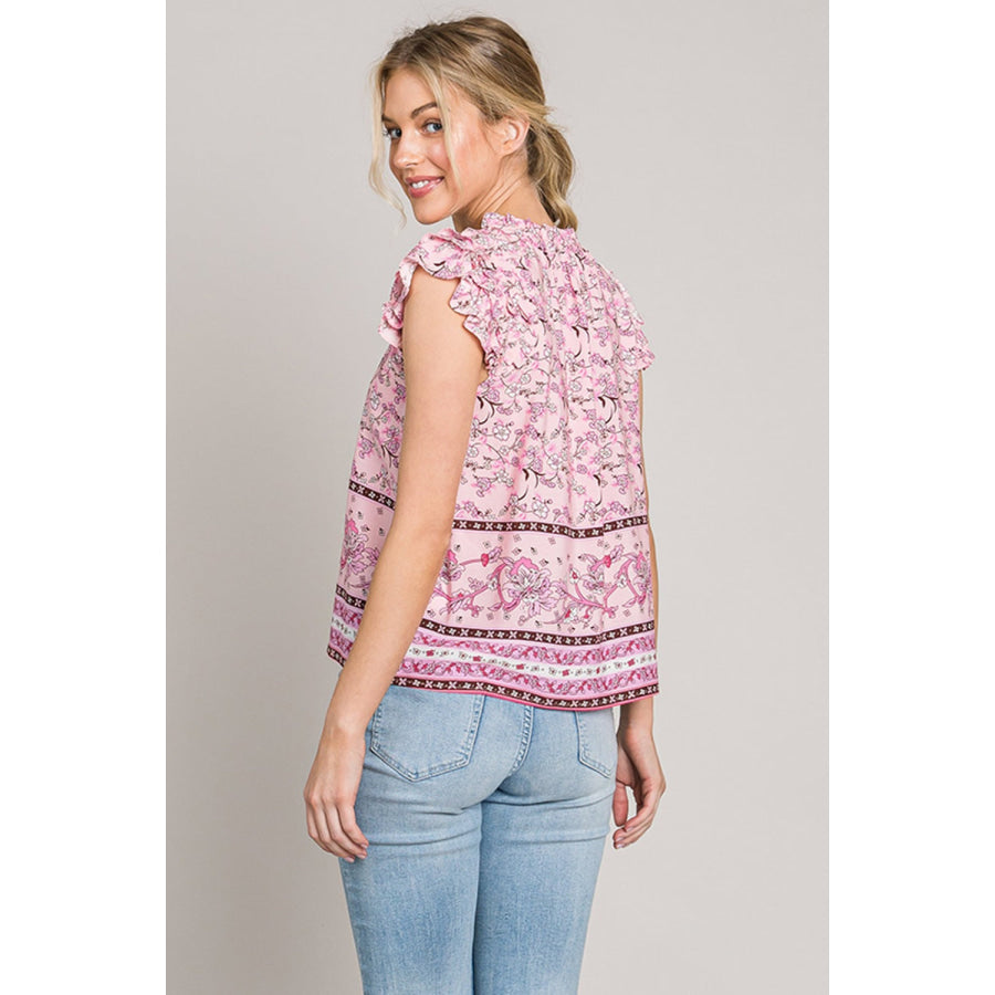 Cotton Bleu by Nu Lab Print Ruffle Sleeve Detail Blouse Pink / S Apparel and Accessories