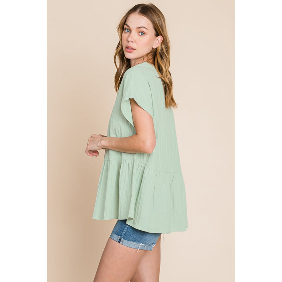 Cotton Bleu by Nu Lab Ruched Notched Short Sleeve Blouse Apparel and Accessories